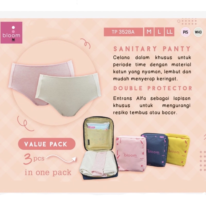 Wacoal Bloom Sanitary FREE Pouch dan Pembalut Maxi Panty Katun Isi 3 pcs / Celana Dalam Mens Remaja