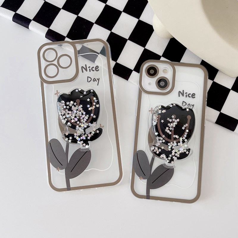 Flow Glitter Tulip Popsocket Soft Case iP iPhone 11 12 13 Pro Max 6 6S 7 8 + Plus X XR SE 2020 XS Max Casing