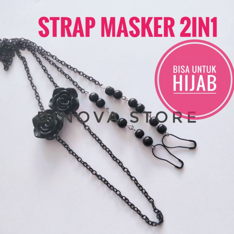 strap masker 2 in 1 MAWAR RESIN RANTAI HITAM/strap mask/konektor masker/strap masker hijab/dinova store/pgx/tali masker/strap masker hijab/strap masker 2in1/kalung masker/