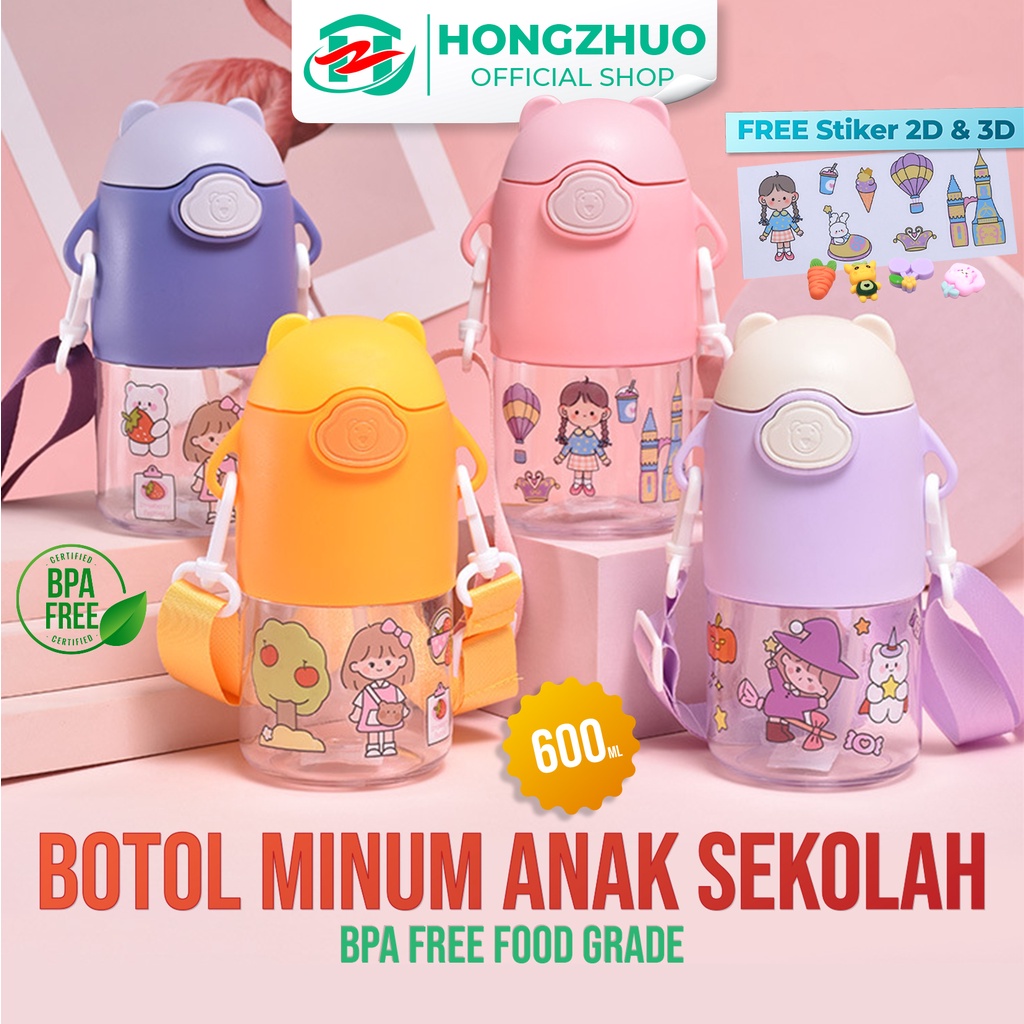 Botol Minum Anak Hongzhuo Sedotan Free Stiker Kaca Beruang 600ML BPA FREE Multifungsi Premium Viral 