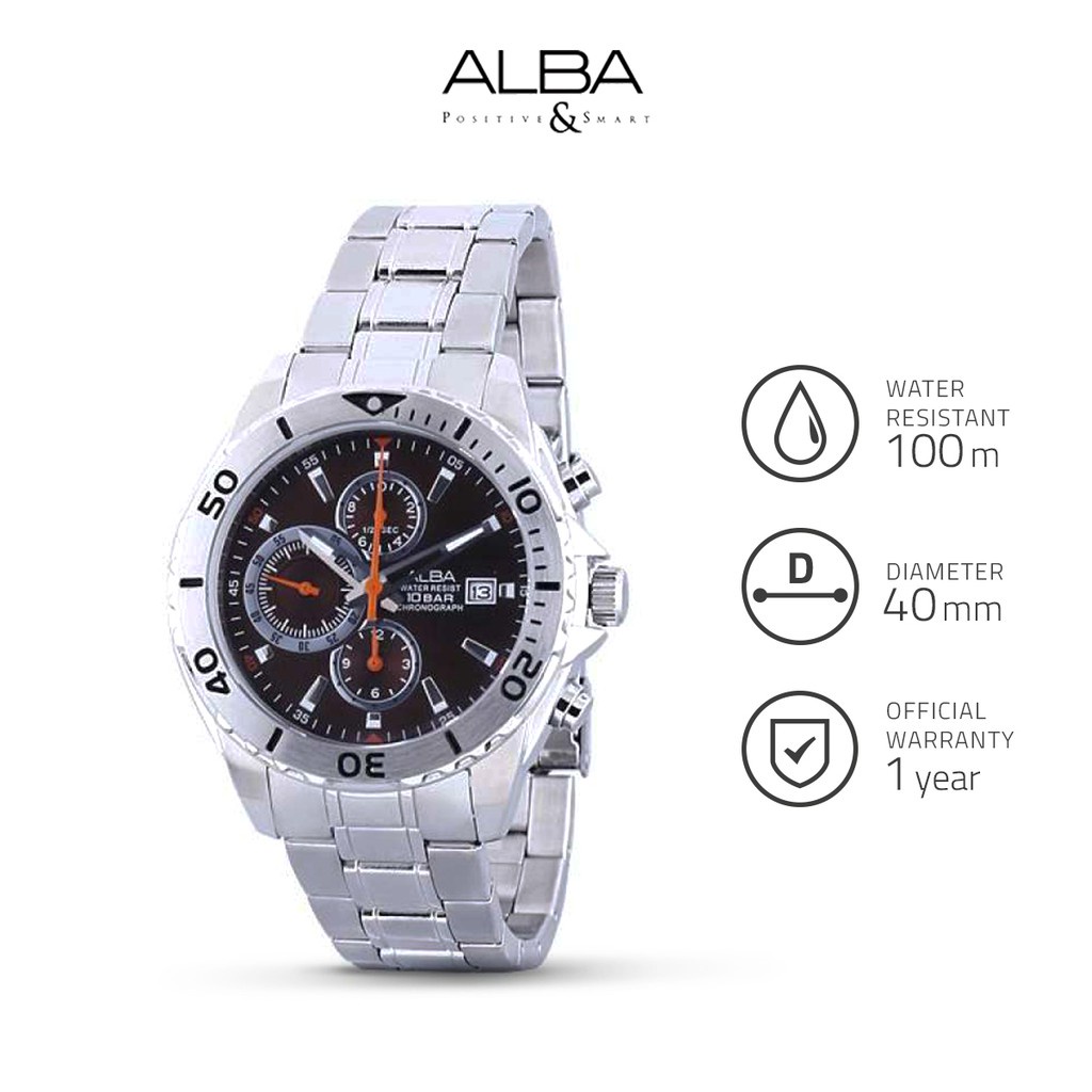 Alba Active Jam Tangan Pria Chronograph AF8N95 / AF8N95X1 Quartz Brown Silver Dial Stainless Steel S