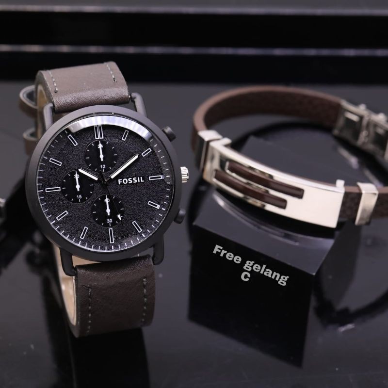 Jam Tangan Pria Tali Kulit free gelang