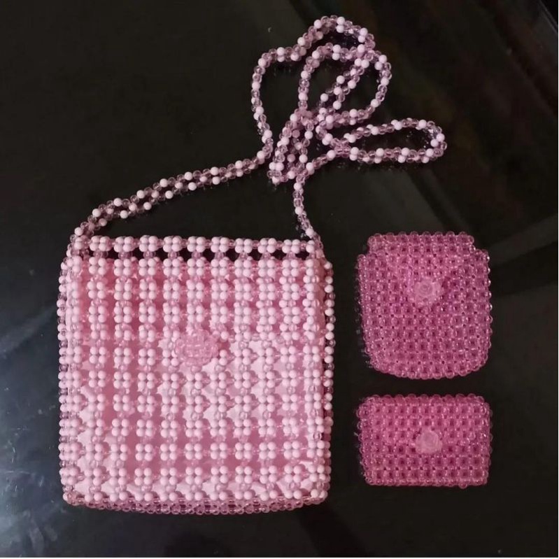 Tas selempang wanita anak handmade manik manik pink lucu