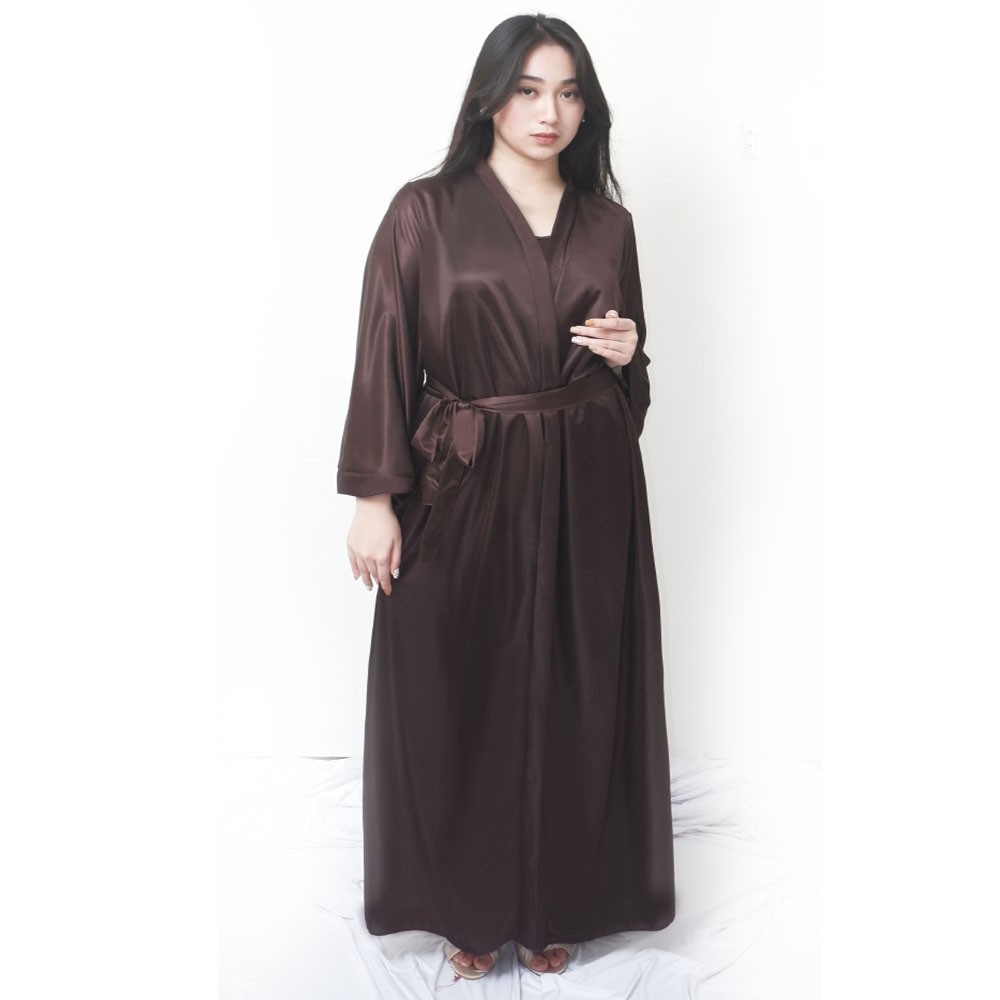 FOLVA kimono panjang set lingerie satin 1533KGSET_XL coklat big size