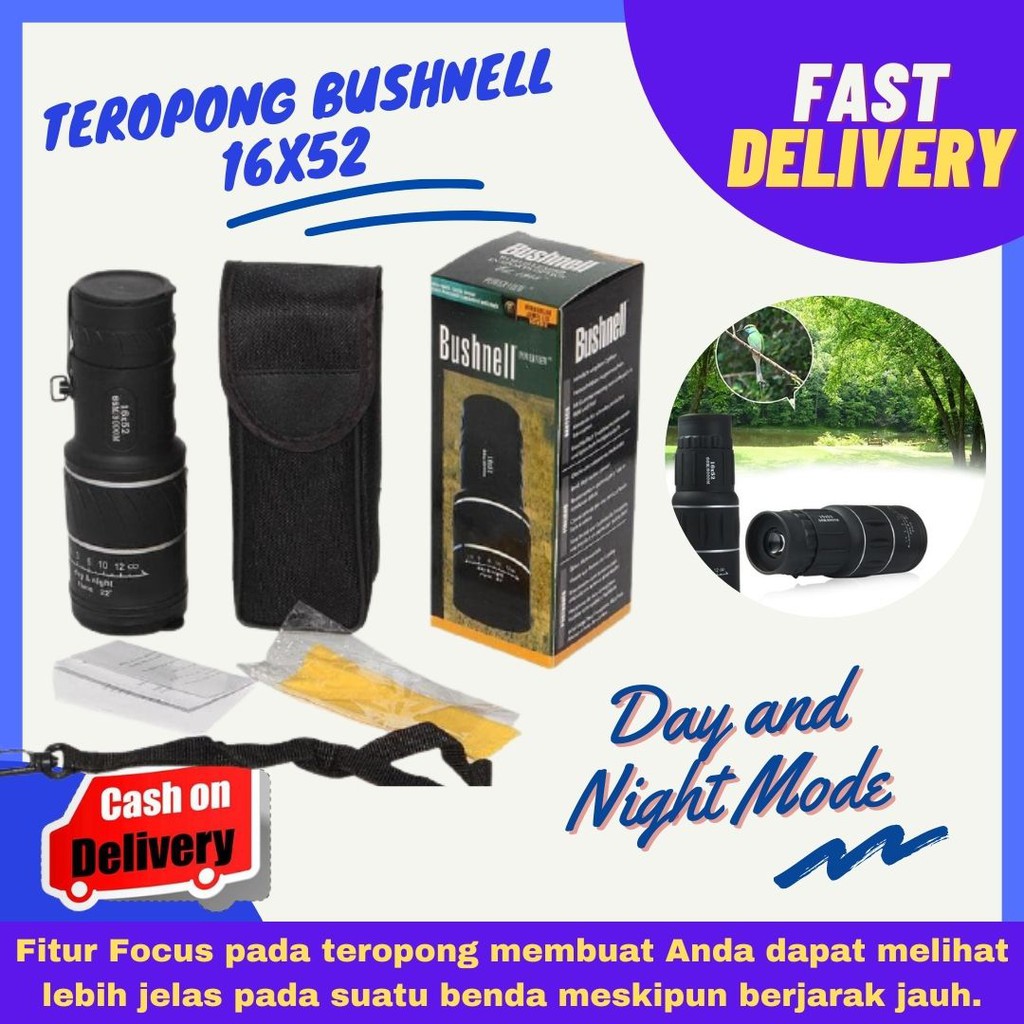 Teropong Portable Bushnell Monocular siang dan malam Lensa Focus Zoom