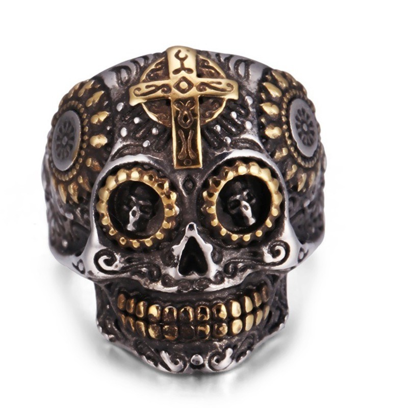 SEUSUK  Vintage Gothic Cross Funny Skull Retro Flower Sugar Skull Classics Biker Ring