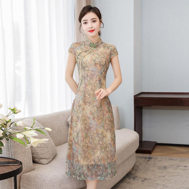 Summer new fashion printing waist closing mother's middle and long cheongsam modified dress