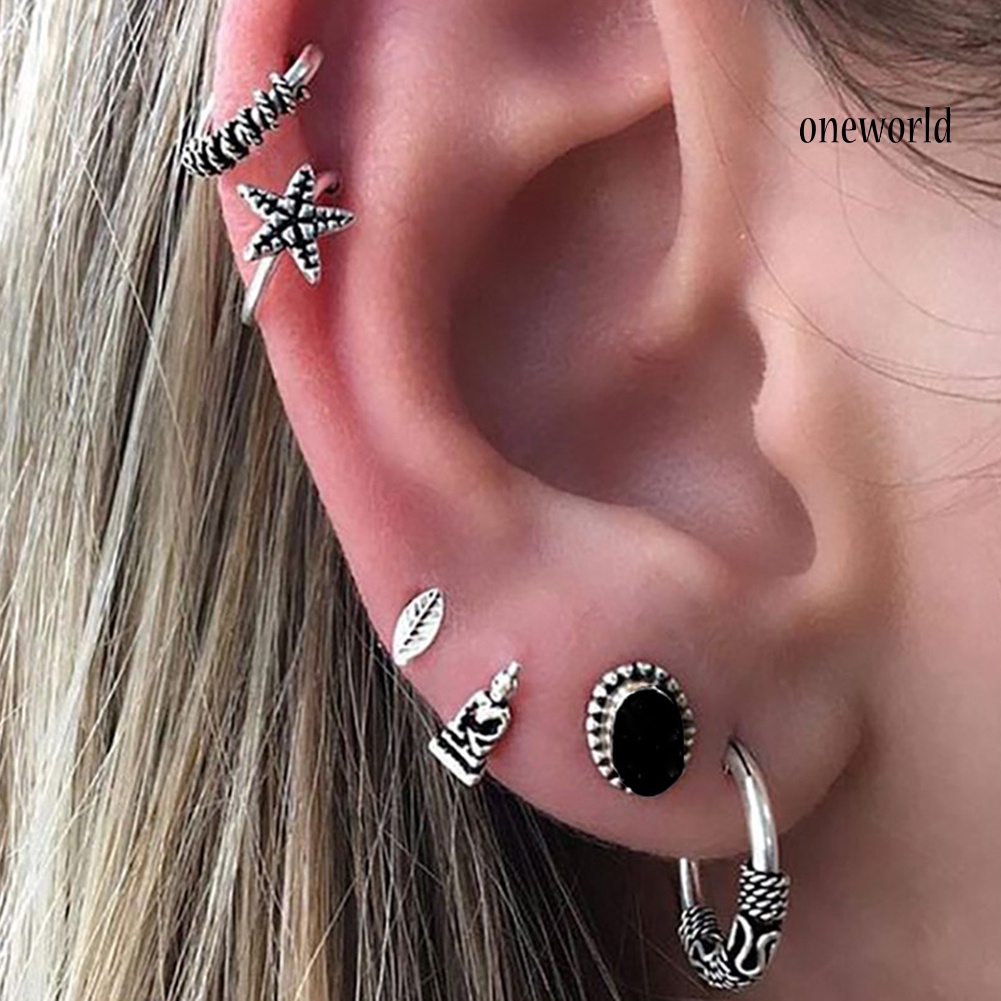 OW@ 6Pcs/Set Bohemian Star Leaf Alloy Ear Stud Clip Earrings Women Jewelry Gift