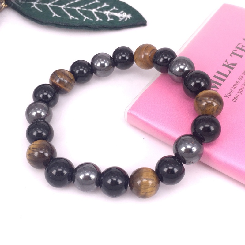 Gelang Manik-Manik Batu Obsidian Mata Harimau Hematite Warna Hitam Ukuran 8 / 10mm Untuk Pria Dan Wanita