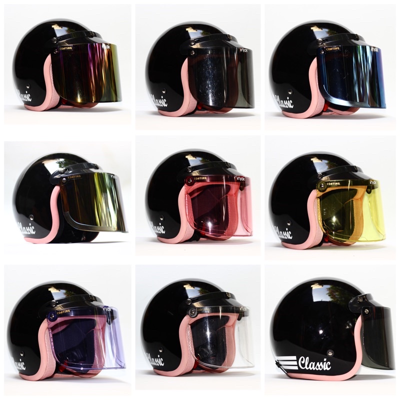 (BISA BAYAR DI TEMPAT)Helm bogo retro pria dan wanita hijab classic original sni trendy list pink hitam glossy list pink kaca datar (BISA COD)-5