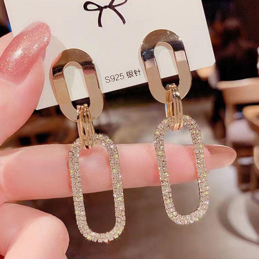 Solighter Anting Wanita Korea Emas Berlian Imitasi Stud Earrings