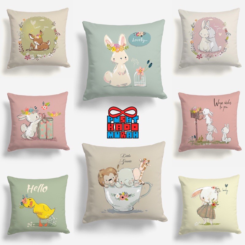 Bantal Sofa Print Motif Pastel Love Cute Animal Bunny Rabbit Bambi Duck 40x40 cm - Pusat Kado Murah