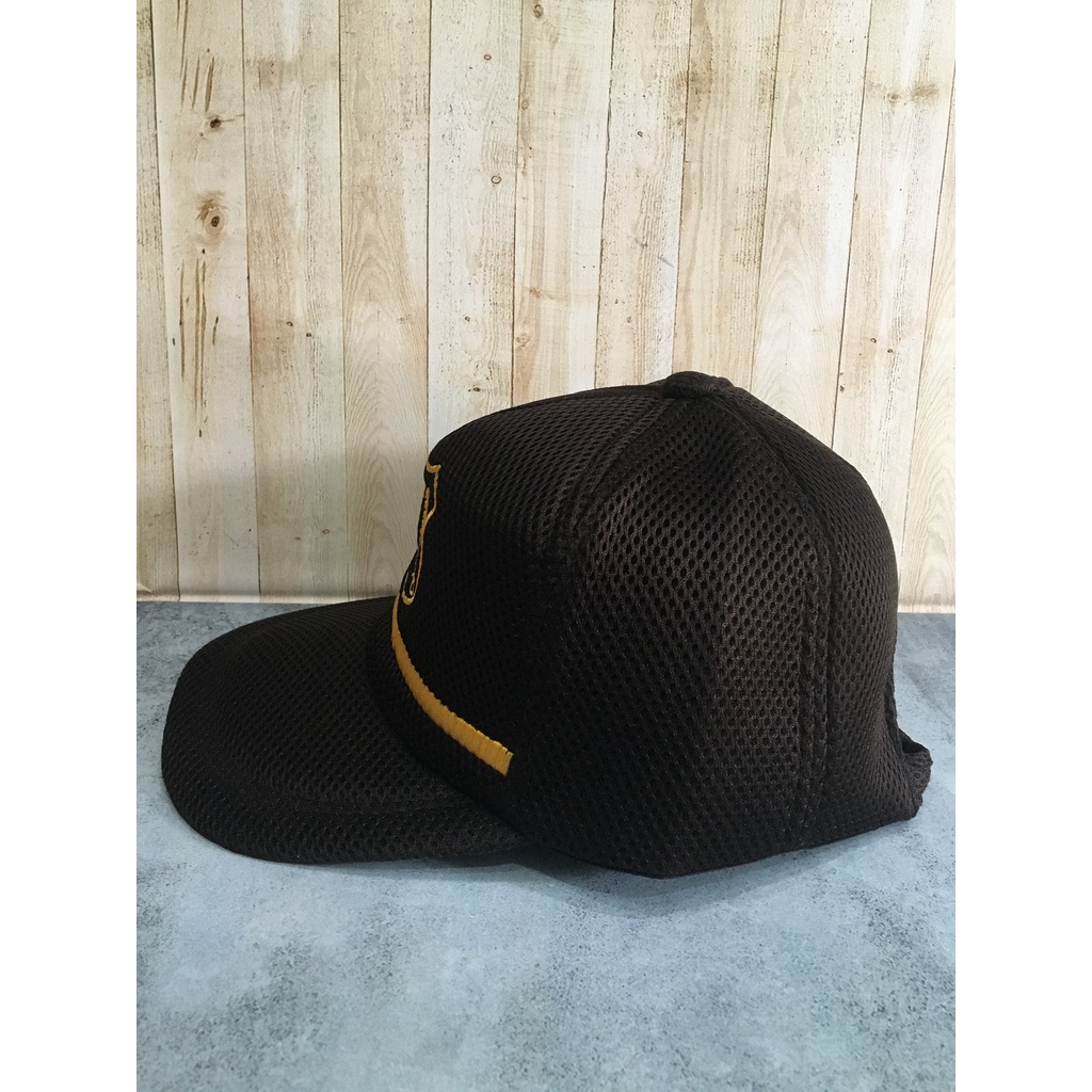 Topi Jaring Satpam Cokelat List Kuning | Topi Jaring Security | Topi Satpam | Topi Jaring Satpam