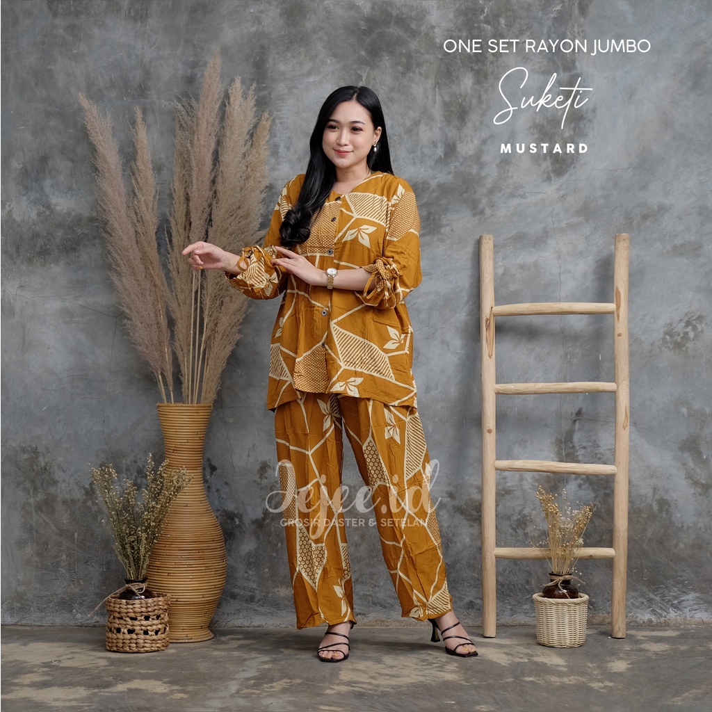SETELAN RAYON JUMBO LD 120 CM BIG SIZE SUNDARI SET PIYAMA TIE DYE LENGAN PANJANG KANCING-SUKETI-MUSTARD