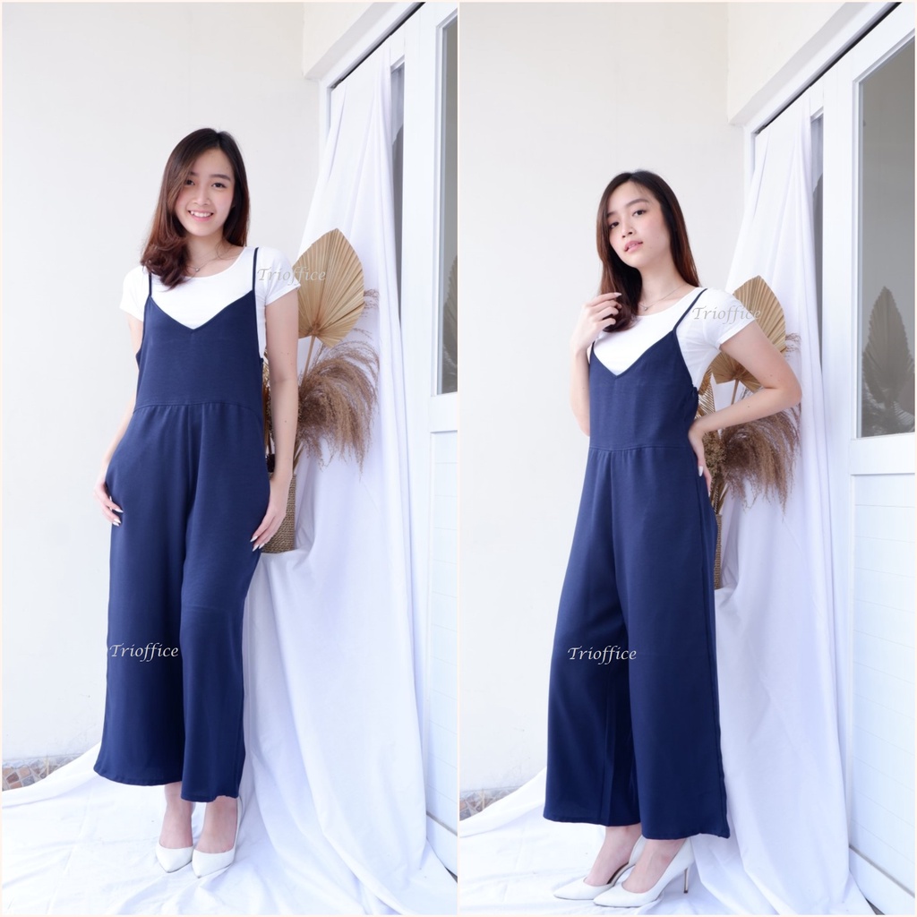 Jumpsuit Wanita Polos Kamisol Sleeveless V Neck