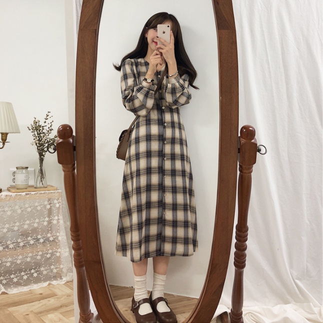 Busana wanita korea retro longgar lengan panjang plaid dress