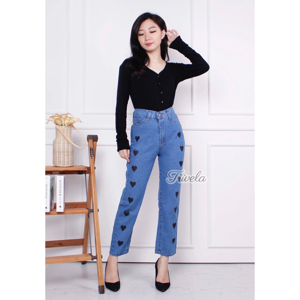 Celana Boyfriend Jeans Wanita Loose Jeans Bordir Love Avanti / Boyfriend Love