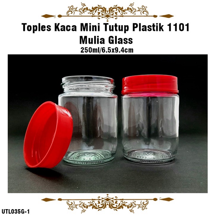 [1kg 6pcs] Toples Kaca Bulat Mini Tutup Plastik Merah 11001 Mulia Glass 250ml