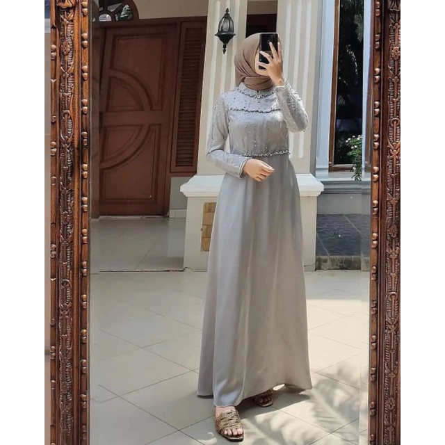 Zolan Baju Gamis Brukat Tile Remaja Wanita Premium  Gamis Brokat Gamis Muslimah Gamis Wanita-Grey