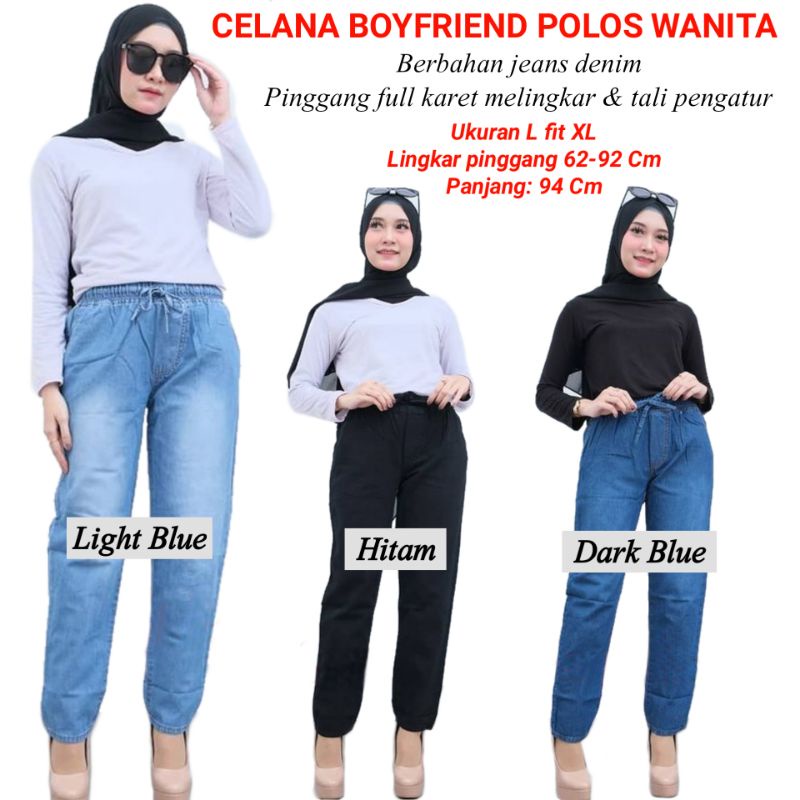 Celana Boyfriend Jeans Wanita Pinggang Karet Tali Clana Boyfriends Ootd Cewek Remaja Polos Hitam
