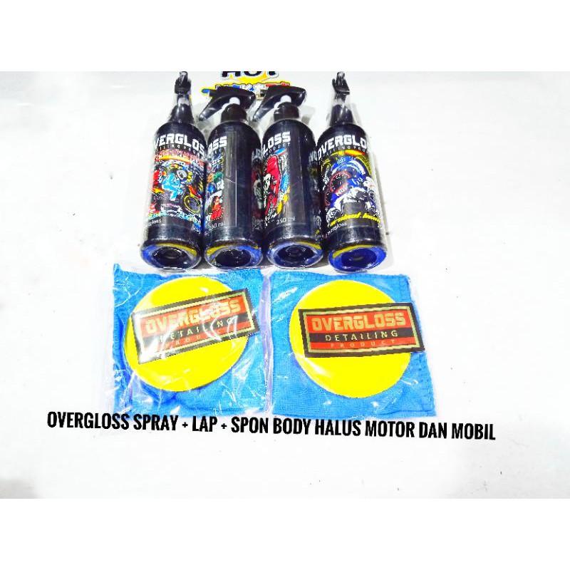 over gloss spray dan lap spon overgloss penghalus body motor pembersih body motor pengkilap body ban