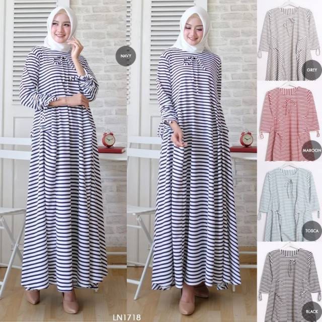 GAMIS STRIPE PINNY FIT TO L Gamis Rumahan Santai Simple Baju Wanita Bahan Adem