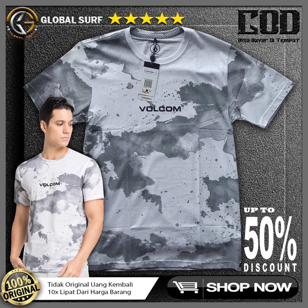 Kaos Pria Casual Lengan Pendek Warna Putih Volcom Original Baju Motif Tuilisan Depan Reguler Fit