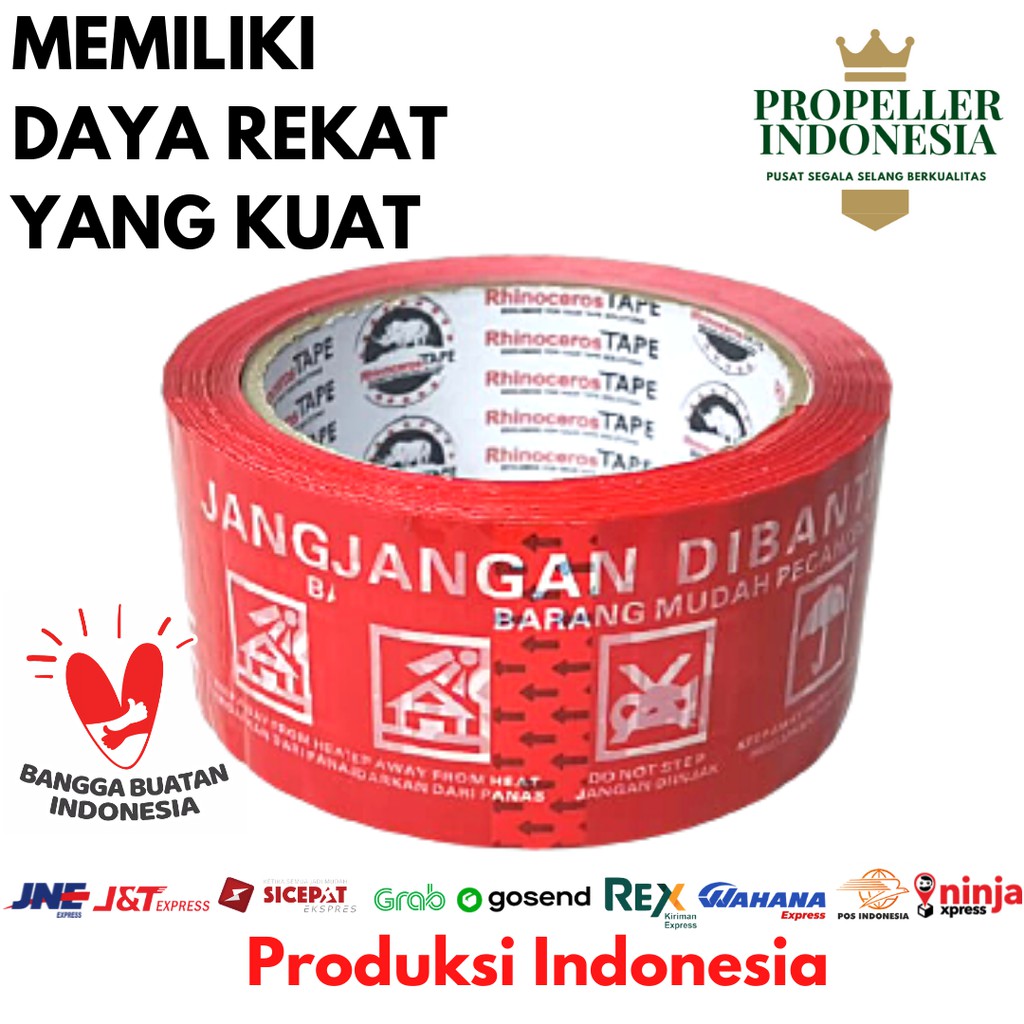 Lakban Fragile Merah RHINOCEROS Tape Selotip Isolasi 48MMx90YARD 2inci