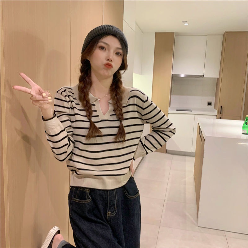 KNIT STRIPE WANITA V LENGAN PANJANG PREMIUM SWEATER KOREA