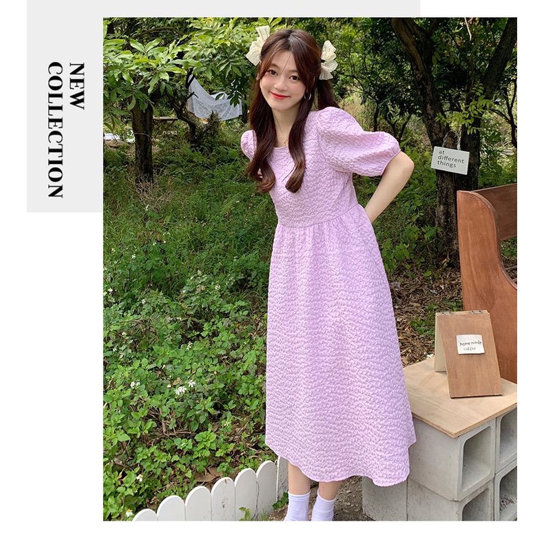 [littlecrab] Dress Bubble Panjang Tali Punggung Motif Polos Hitam Putih Lilac Simple Elegan Dress Doff Panjang Lengan Pendek Kasual Berkualitas Simply Korean Style