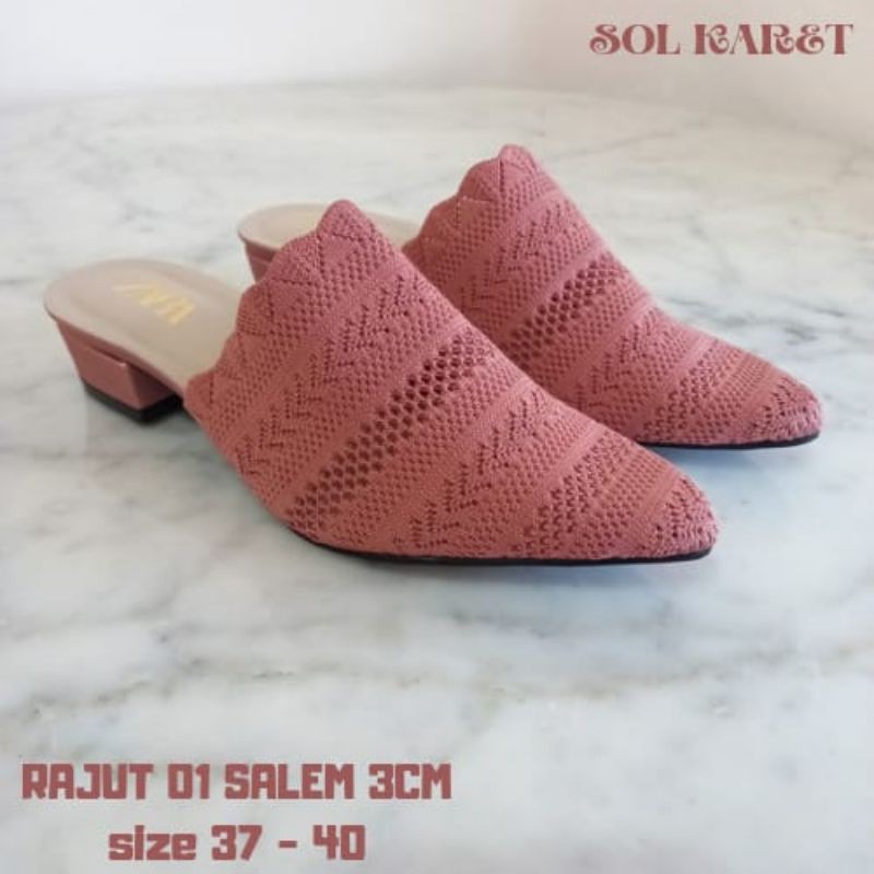 SEPATU SLOP HAK 3CM SOL KARET BAHAN RAJUT HIGH QUALITY TERLARIS