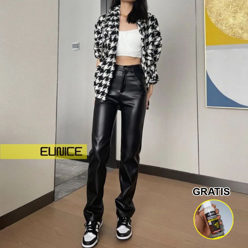 Eunice Faux Leather Straight Leg Pants Celana Kulit Wanita - Hitam