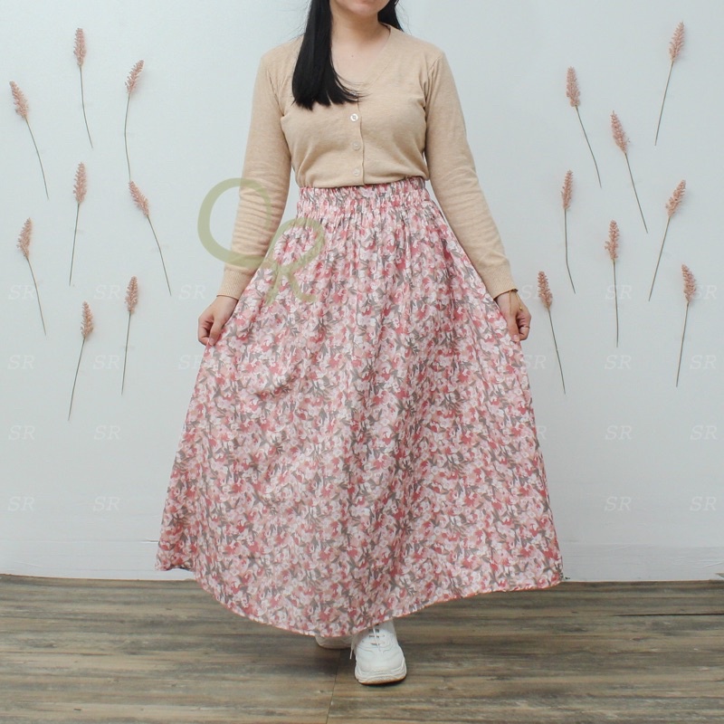 Rok Panjang Rayon Wanita Lebar Korean A-line Motif Floral Premium Ringan Dingin