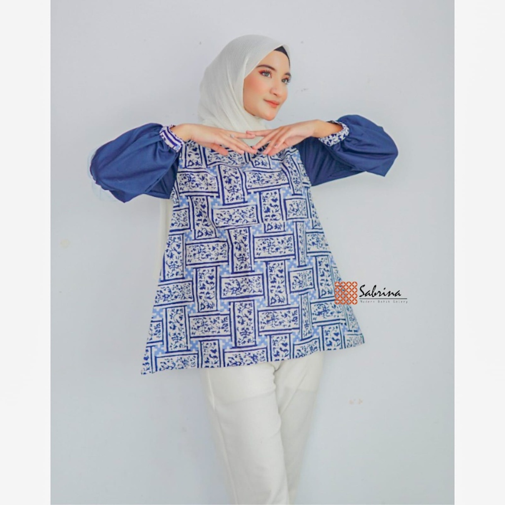 Kyara Blouse Batik Wanita Modern Kekinian Cap Katun Navy Elegan