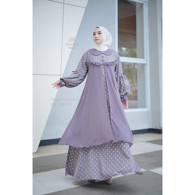 GAMIS set blezer 2 IN1 ORI VENYTA LULI outer DRESS PLUS OUTHER SHAKILA MIX CERUTY KOMBINASI MOTIF POLKADOT