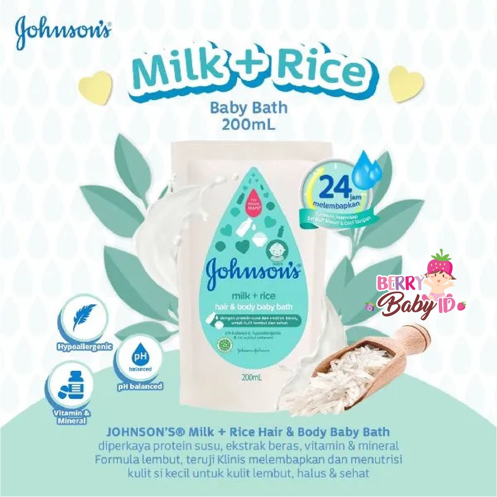 Johnson's Milk and Rice Hair &amp; Body Baby Bath Shampo Sabun Bayi Refill 200 ml Berry Mart