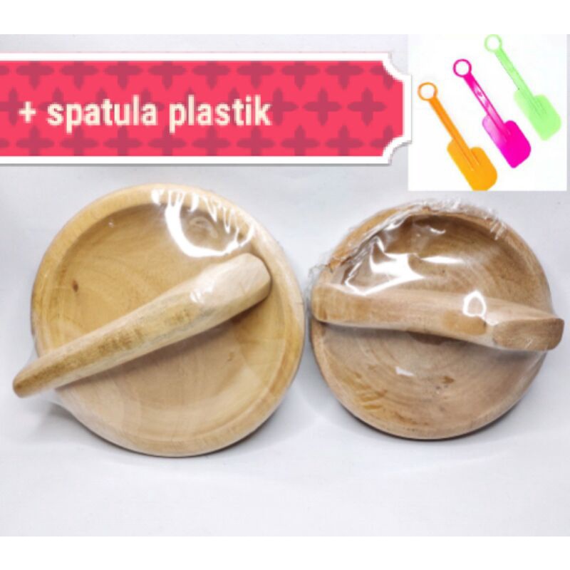 cobek kayu mahoni bonus spatula plastik murah