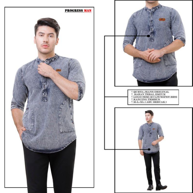 TERLARIS Kemeja Koko denim pria lengan 3/4, Koko jeans denim pria premium