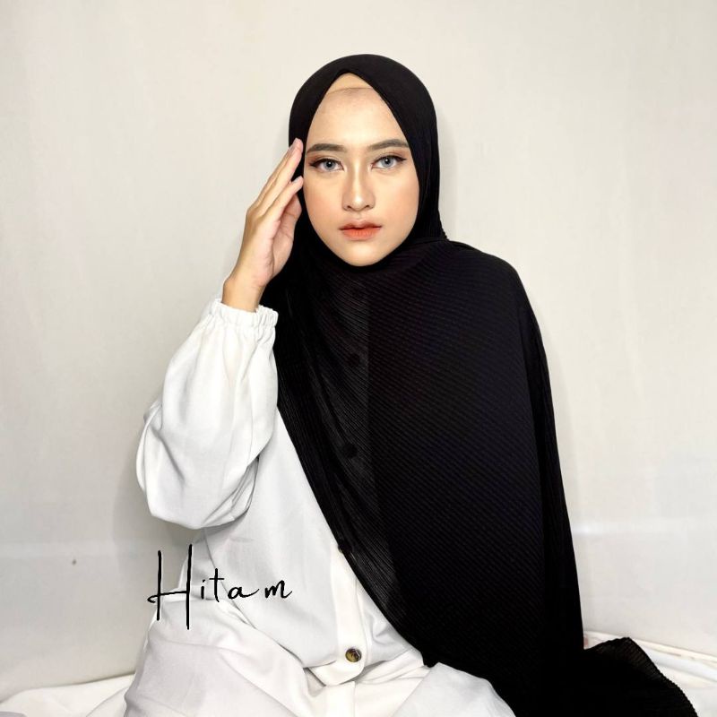 Pashmina Hitam FULL plisket Tanpa Garis Tengah Lidi Kecil