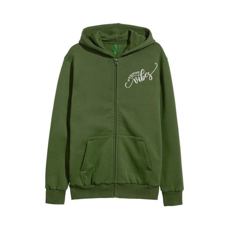 Jaket Hoodie Wanita Atasan POSITIVE VIBES Bahan Babyterry-HIJAU ARMY