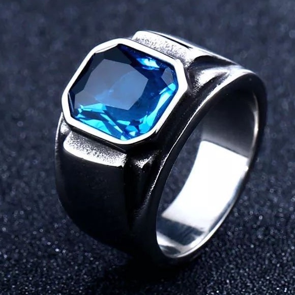 Cincin Blue Aquamarine Topaz Biru Zircon Ring Titanium Anti Karat Tahan Luntur Keren