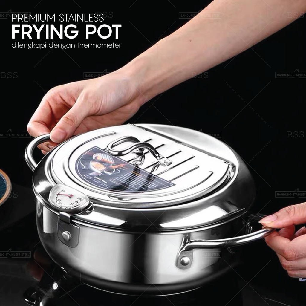 Frying Pot 3.4L Panci Wajan Goreng Tempura Udang Thermometer Premium Stainless Tray Peniris Minyak