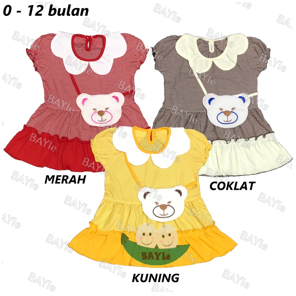 Baju bayi/Anak Perempuan Dress motif BEAR KOTAK PLANET KIDS usia 0 -12 bulan / Pakaian anak Cewek