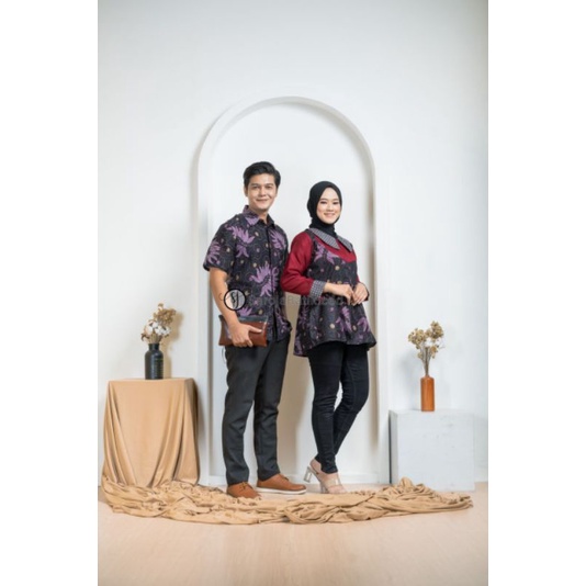 (Saroja) Couple Batik Prili Ungu Kombinasi Moscrep Batik Printing Berkualitas Original Saroja