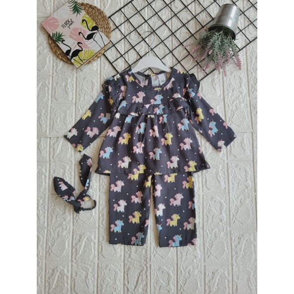 Baju Anak Bayi Perempuan Liliana || One Set Anak Perempuan || Setcel Anak Perempuan-Unicorn Black