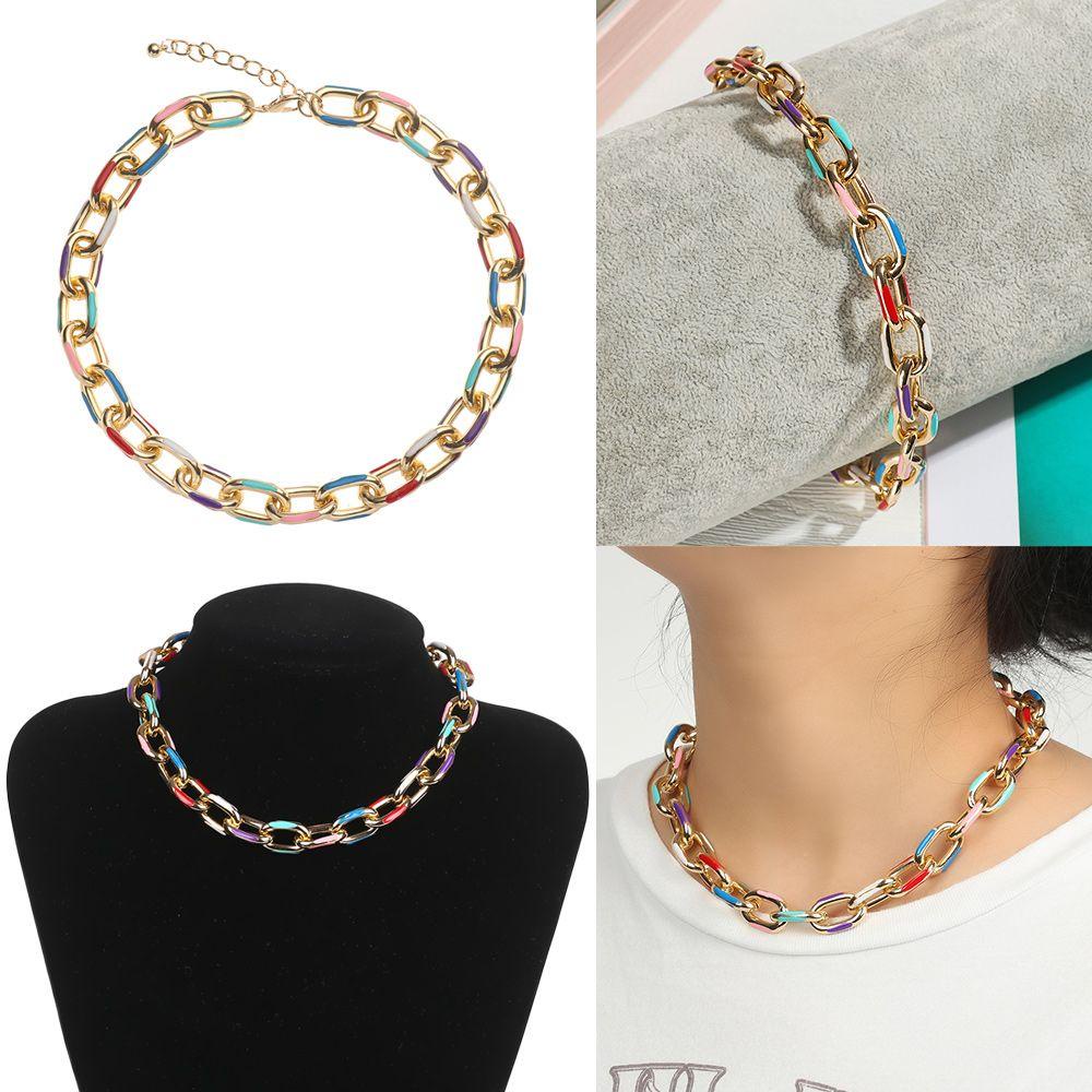 Lily Kalung Choker Pendek Wanita Pria Punk Warna-Warni Dicetak Klavikula Necklaces