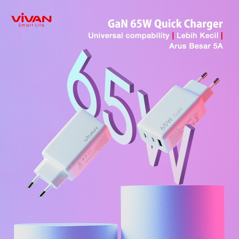 Charger VIVAN GaN01 65W 5A 3 Output PD QC3.0 QC4.0 Port Quick Charge - Garansi Resmi 1 Tahun