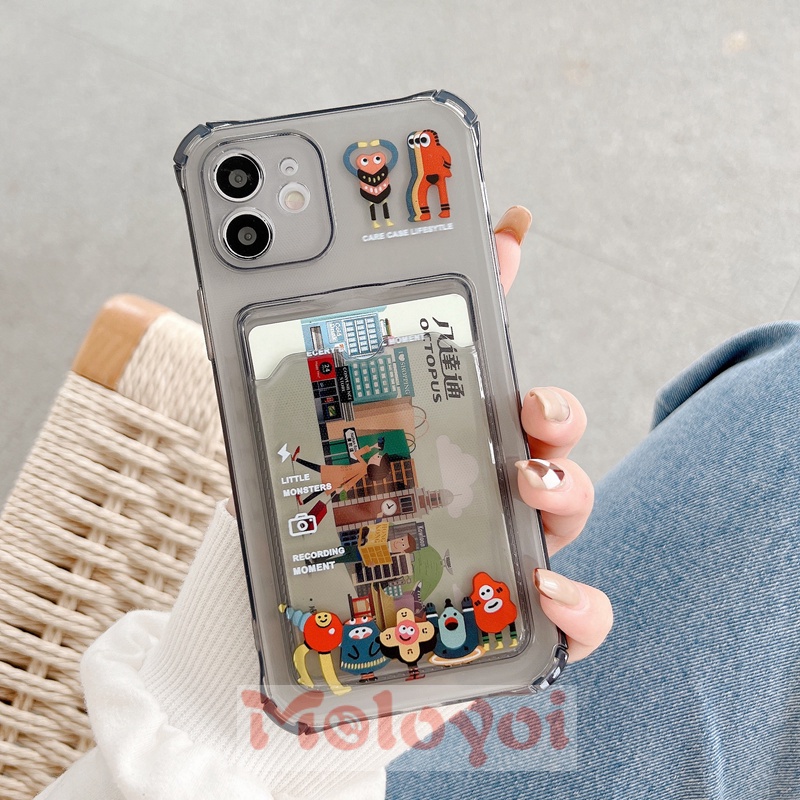 Soft Case Tpu Transparan Shockproof Kartun Monster Kecil Holder Kartu Kredit Untuk Iphone 6 6s 7 8 Plus 11 12 13 Pro Max Xr X Se 2020 Xs Max