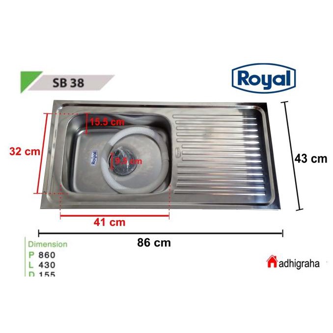 Bak Cuci Piring 1 Lubang Royal Sb38 Sb 38 Sayap 86X43X15.5 Wastafel D