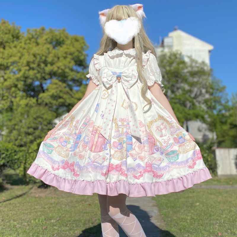 [MikanHiro Store] Lolita Japanese celebrity party princess dress spring and summer cute love bear rabbit jsk suspender skirt Oversized